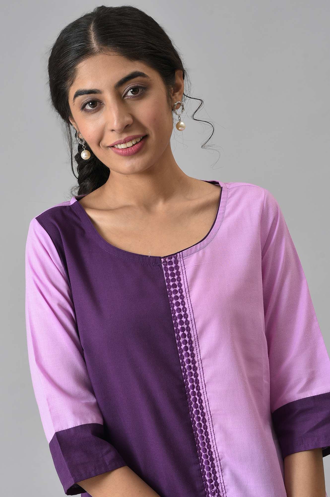 Purple Colour Block kurta With Trousers