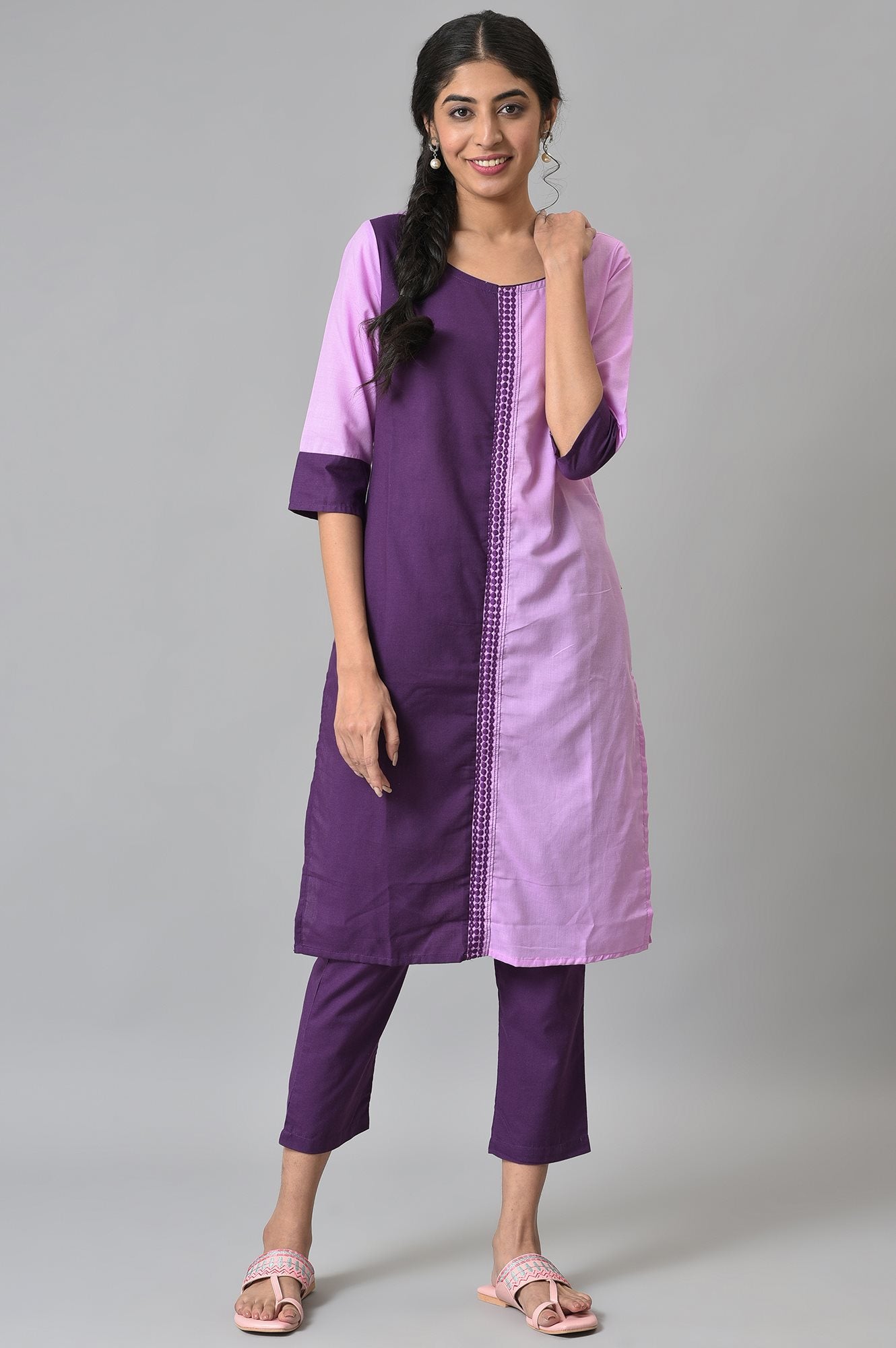 Purple Colour Block kurta With Trousers