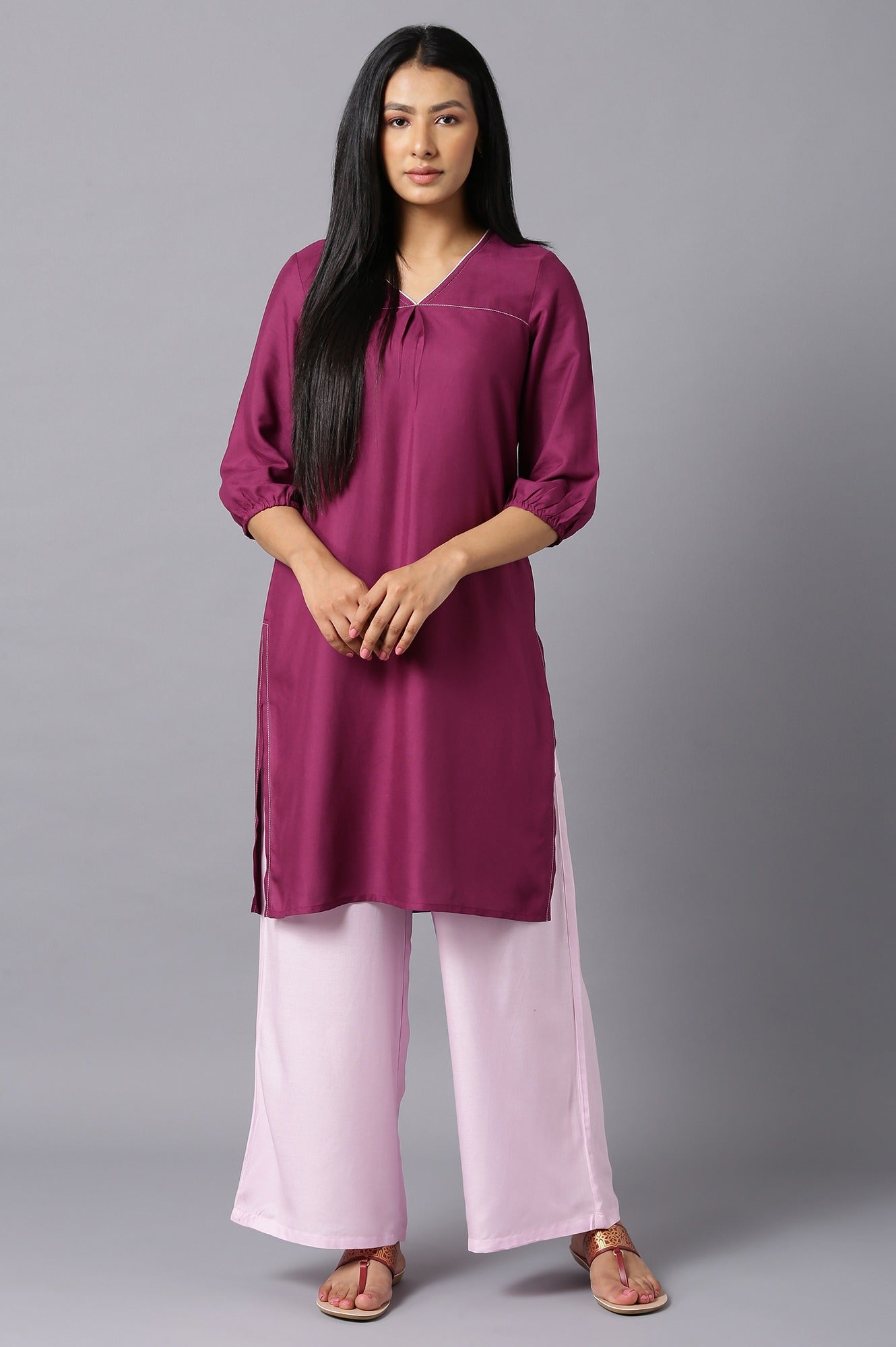 Aure Collection By Aurelia Purple V-Neck kurta With Pink Palazzo