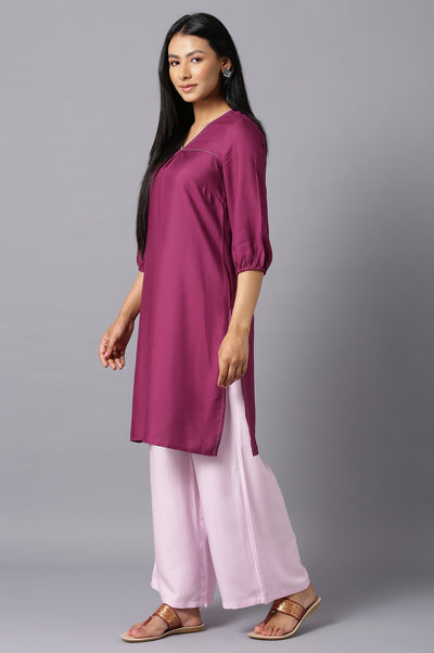 Aure Collection By Aurelia Purple V-Neck kurta With Pink Palazzo
