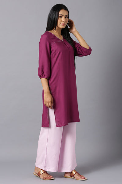 Aure Collection By Aurelia Purple V-Neck kurta With Pink Palazzo