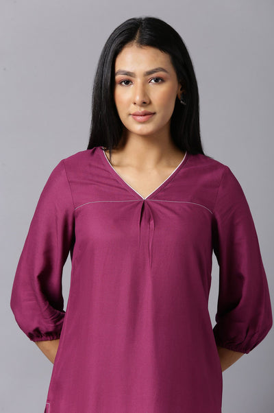 Aure Collection By Aurelia Purple V-Neck kurta With Pink Palazzo