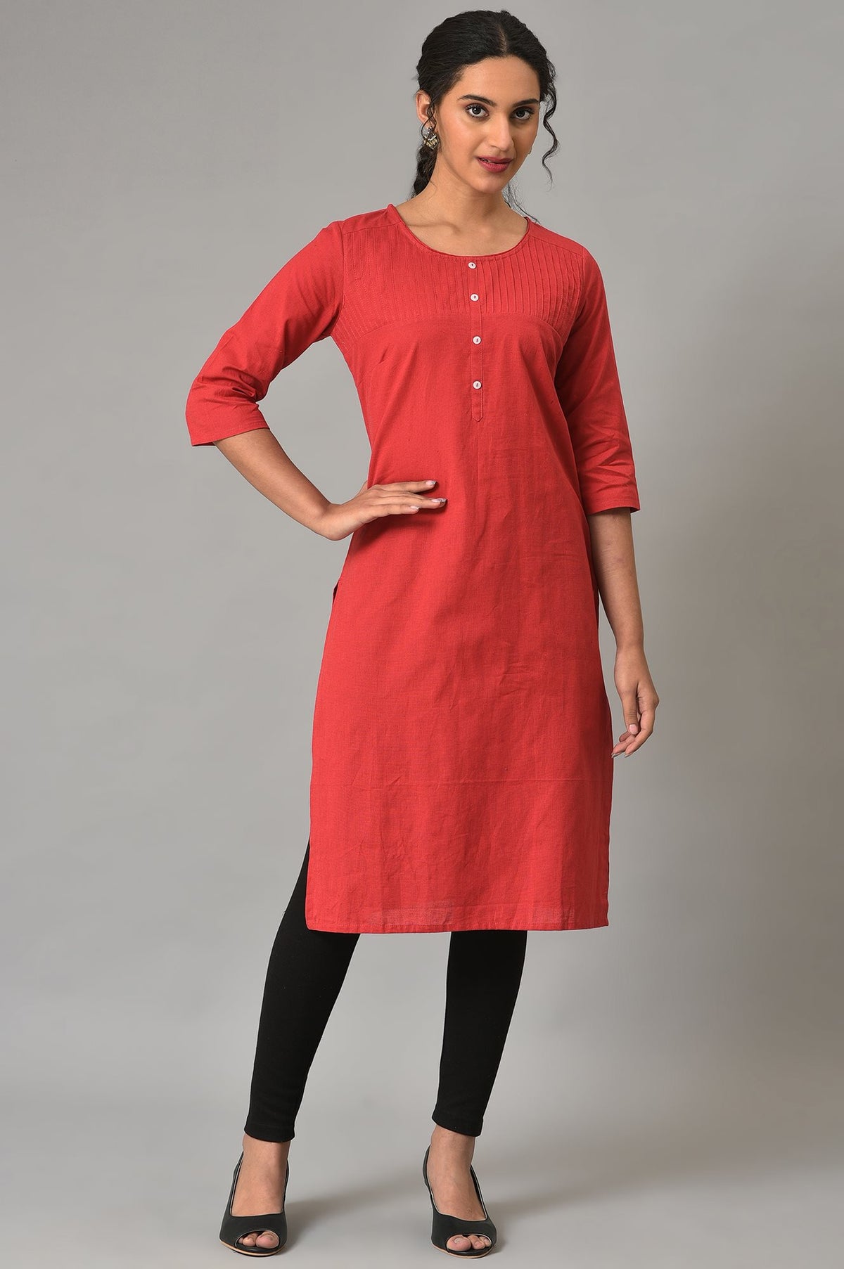Red Solid Cotton kurta - XS