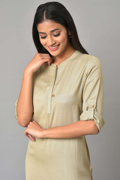Beige Solid Rayon Straight Kurta and Trouser Set