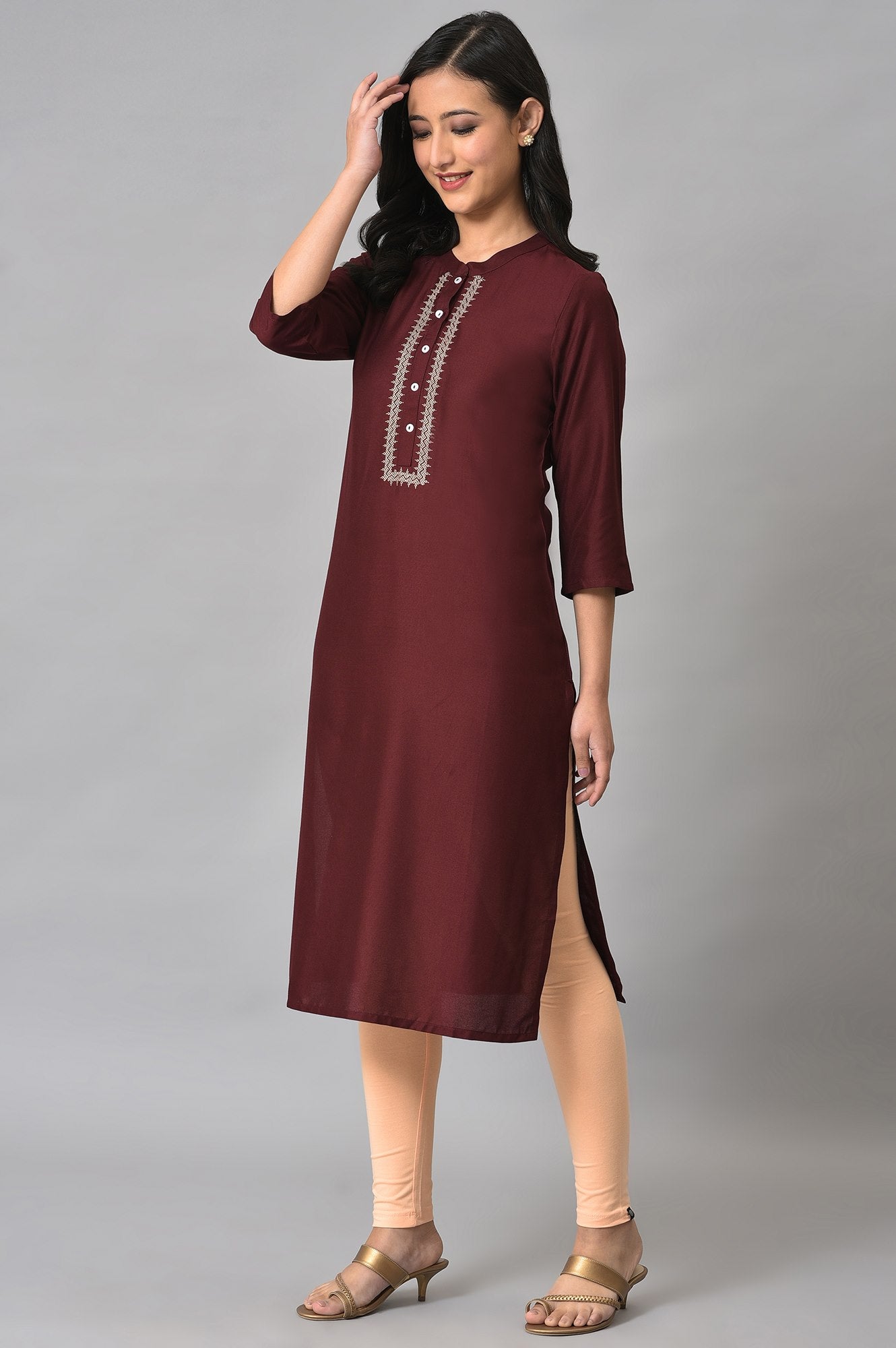 Maroon Solid Rayon kurta