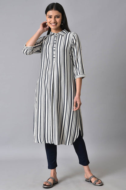 White &amp; Black Stripes Shirt Collar kurta