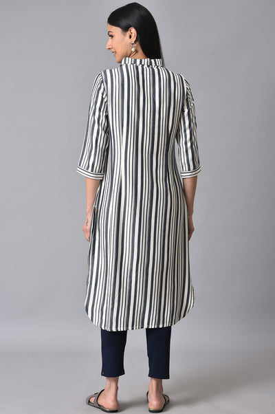 White & Black Stripes Shirt Collar kurta