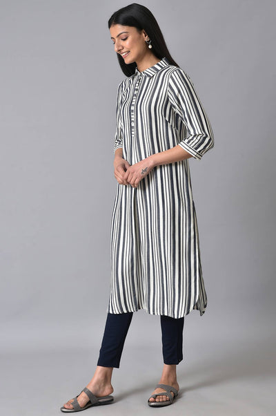 White & Black Stripes Shirt Collar kurta