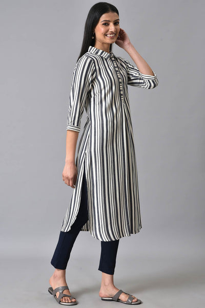 White & Black Stripes Shirt Collar kurta