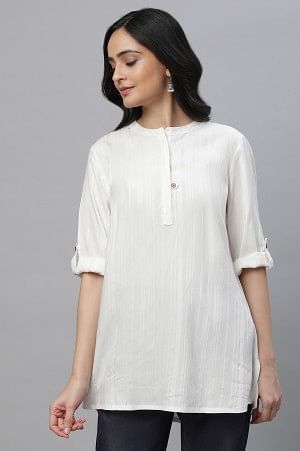 Off-White Yarn Dyed Solid Short Kurti - XS