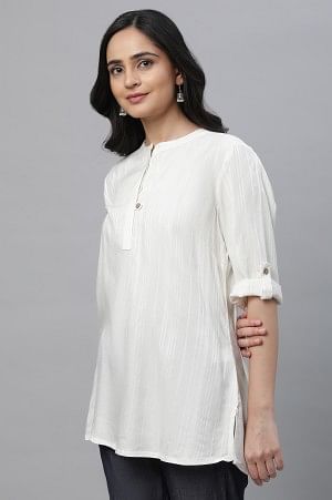 Off-White Yarn Dyed Solid Short Kurti