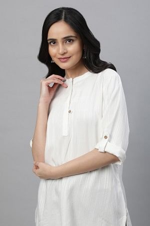 Off-White Yarn Dyed Solid Short Kurti