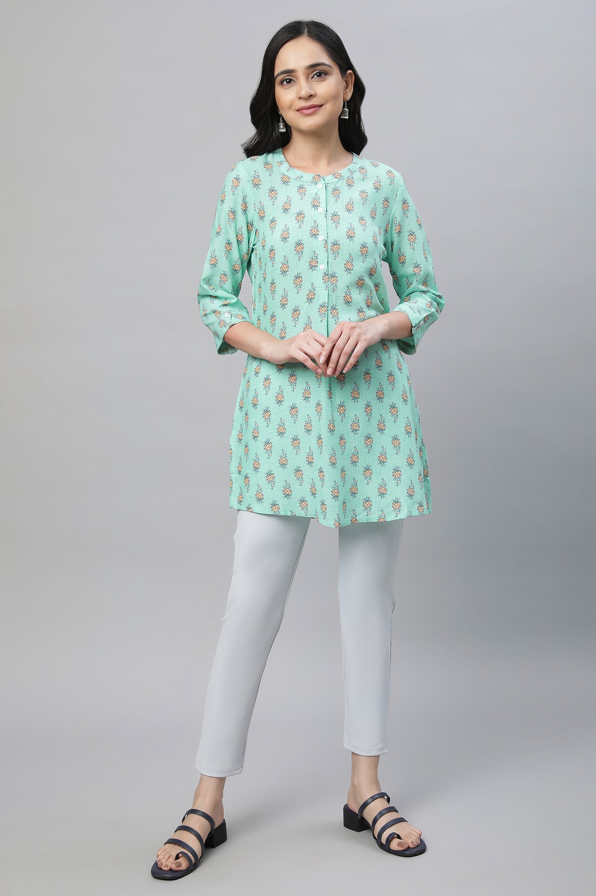 Green Band Collar Printed Kurti - XS