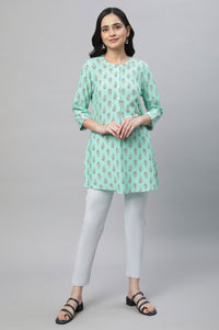 Green Band Collar Printed Kurti
