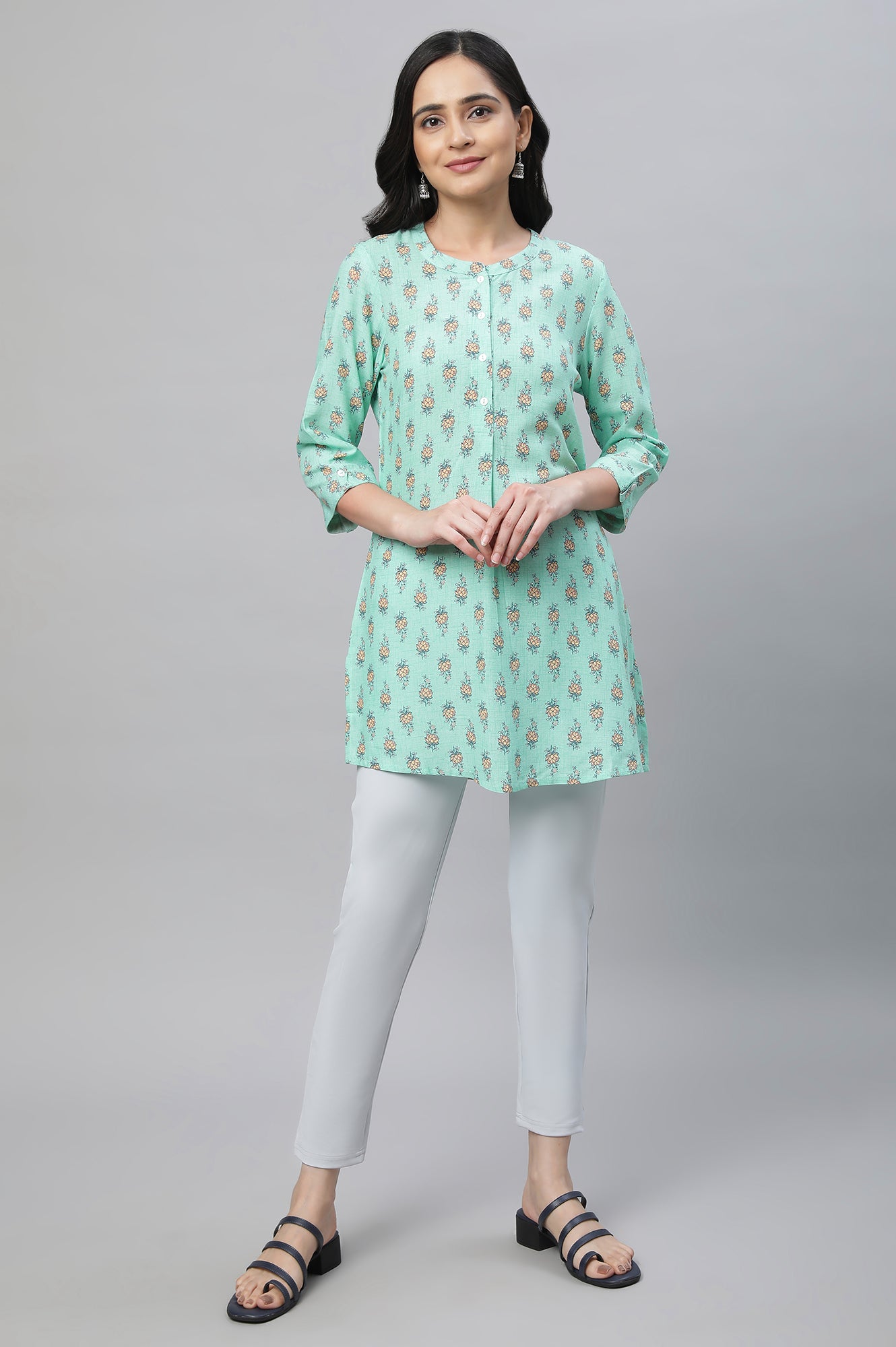 Green Band Collar Printed Kurti