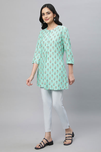 Green Band Collar Printed Kurti