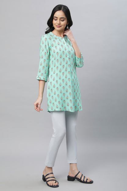 Green Band Collar Printed Kurti