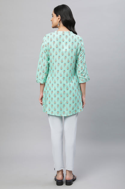 Green Band Collar Printed Kurti