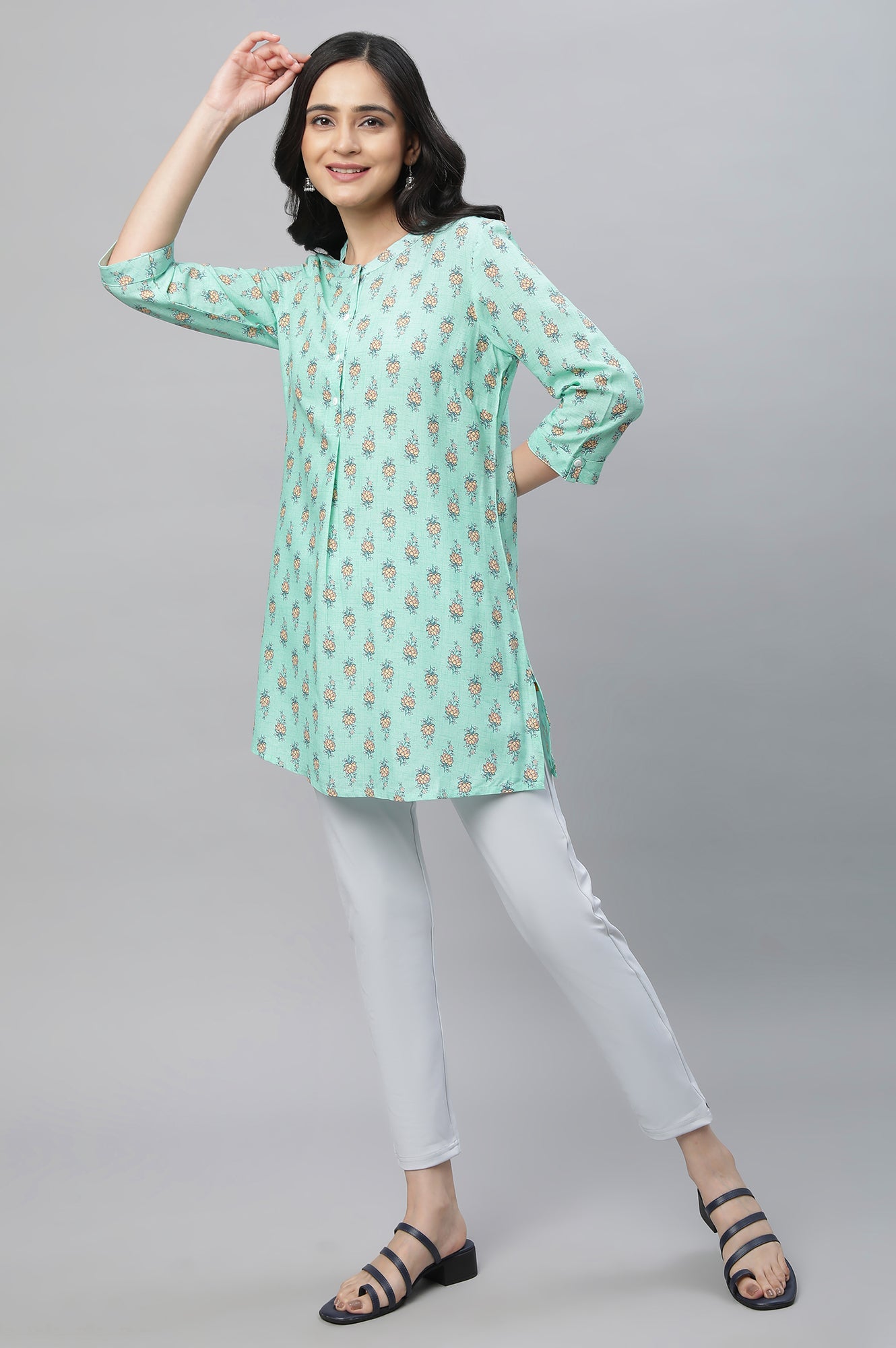 Green Band Collar Printed Kurti