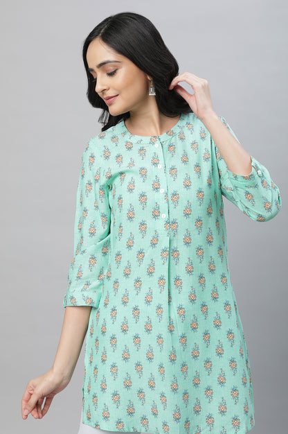 Green Band Collar Printed Kurti