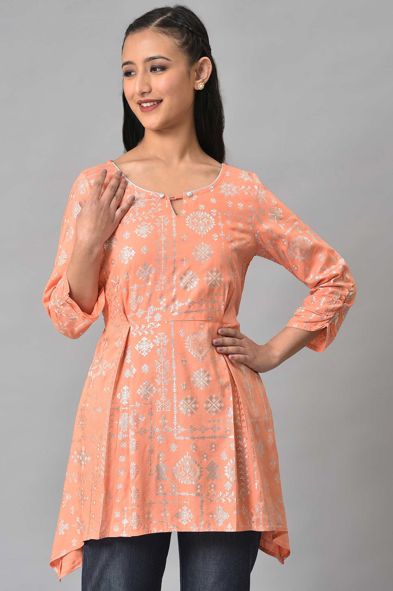 Peach Foil Floral Printed kurta