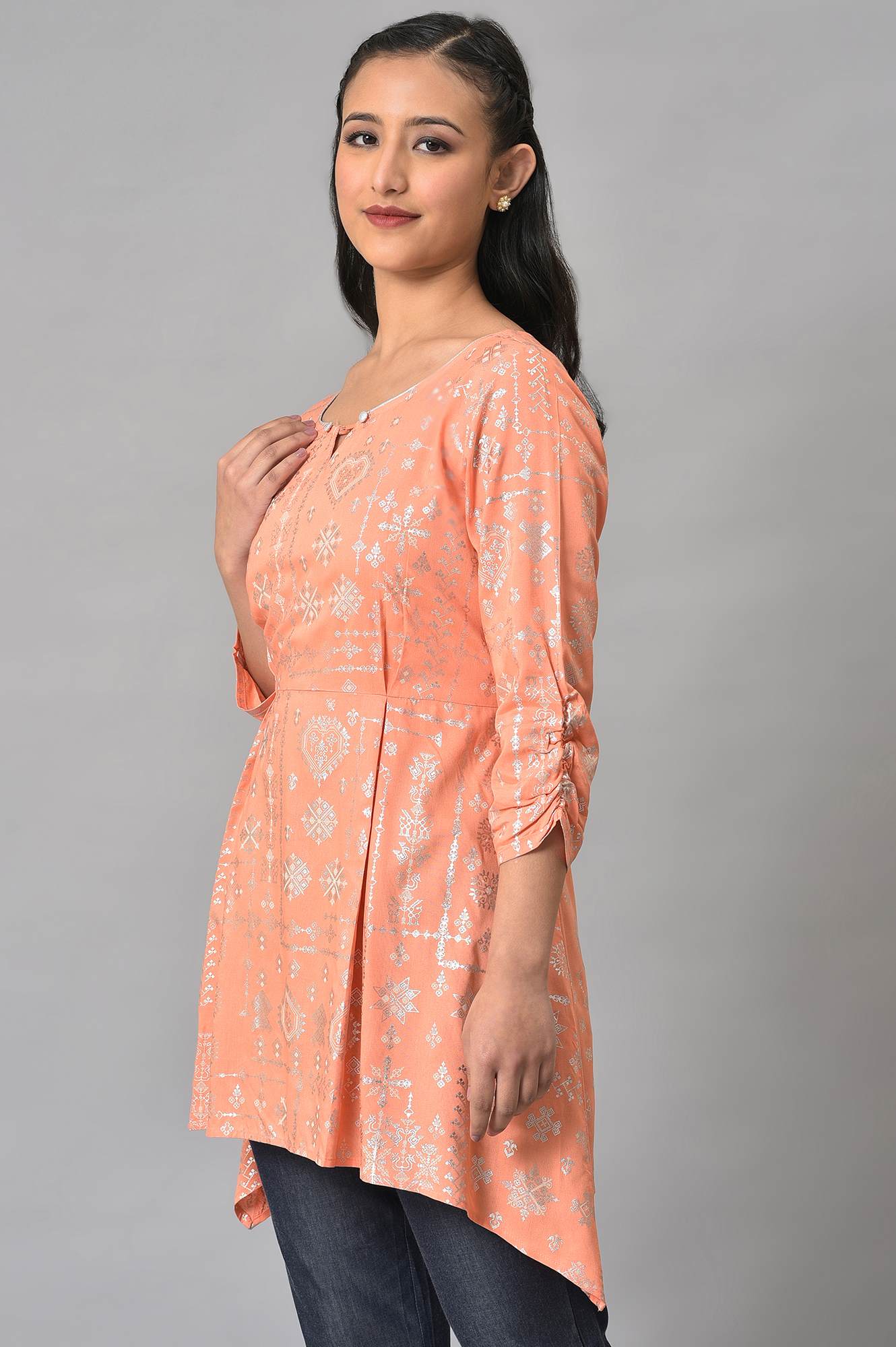 Peach Foil Floral Printed kurta