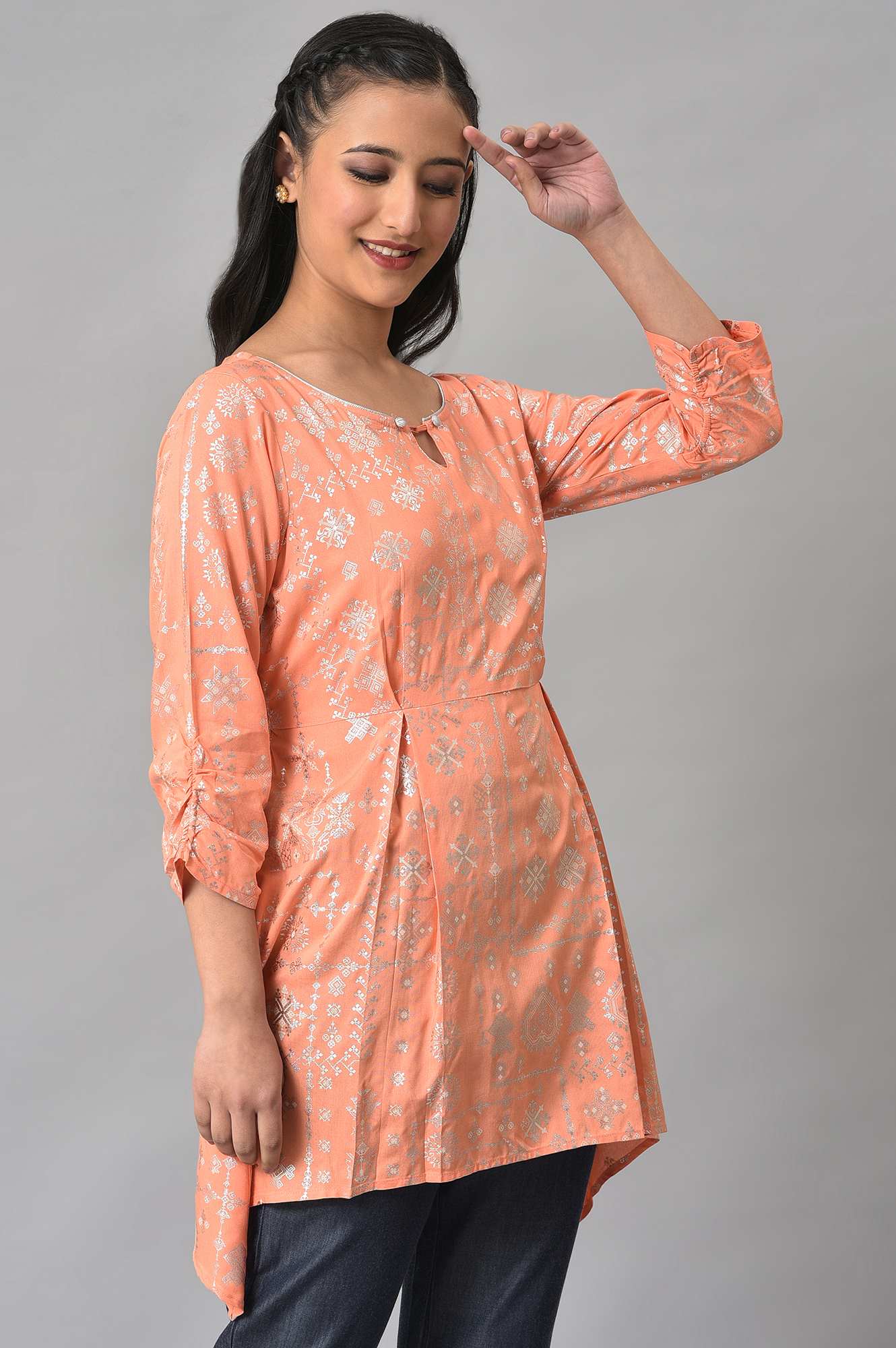 Peach Foil Floral Printed kurta