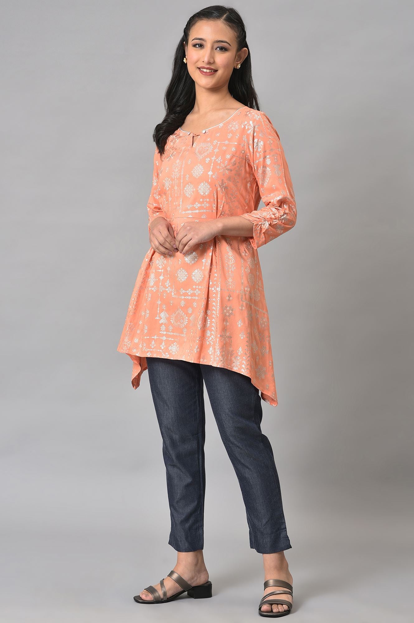 Peach Foil Floral Printed kurta