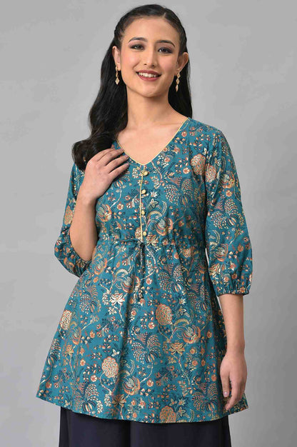 Blue Foil Floral Printed kurta