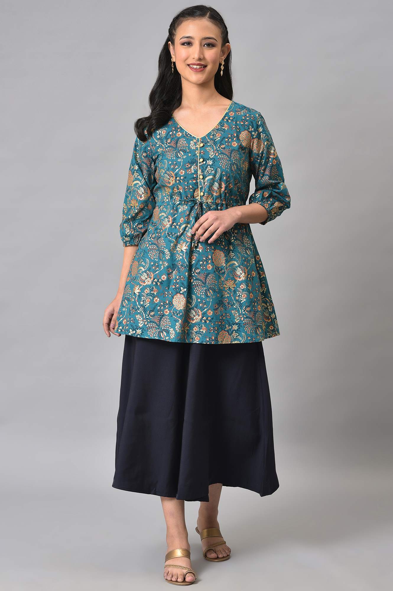 Blue Foil Floral Printed kurta