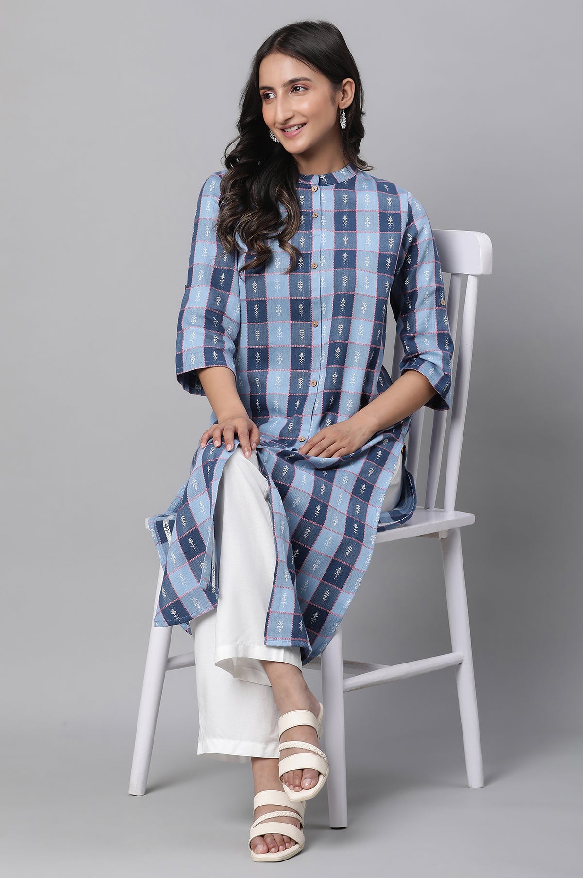 Green Grey Stripe Printed Kurta - XS