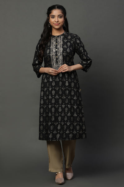 Black Abstract Printed Ethnic Kurta