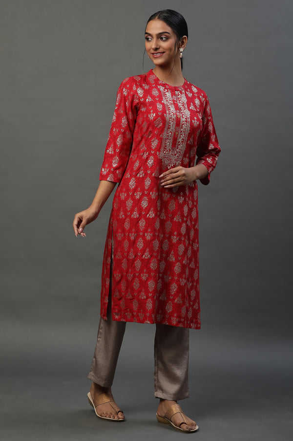 Red Abstract Printed Ethnic Kurta