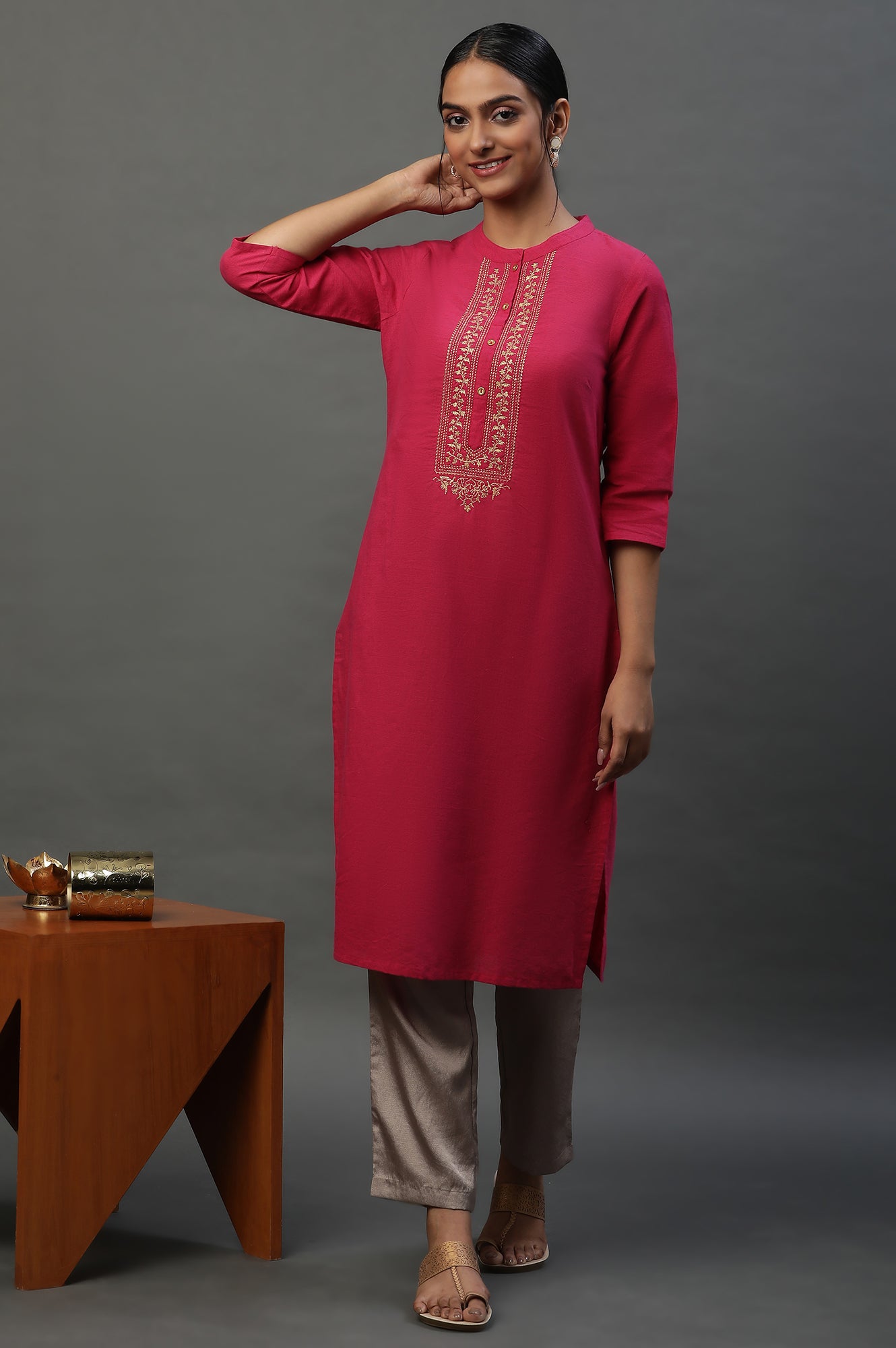 Pink Solid Cotton Kurta with Embellished Yoke