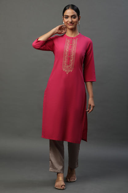 Pink Solid Cotton Kurta with Embellished Yoke