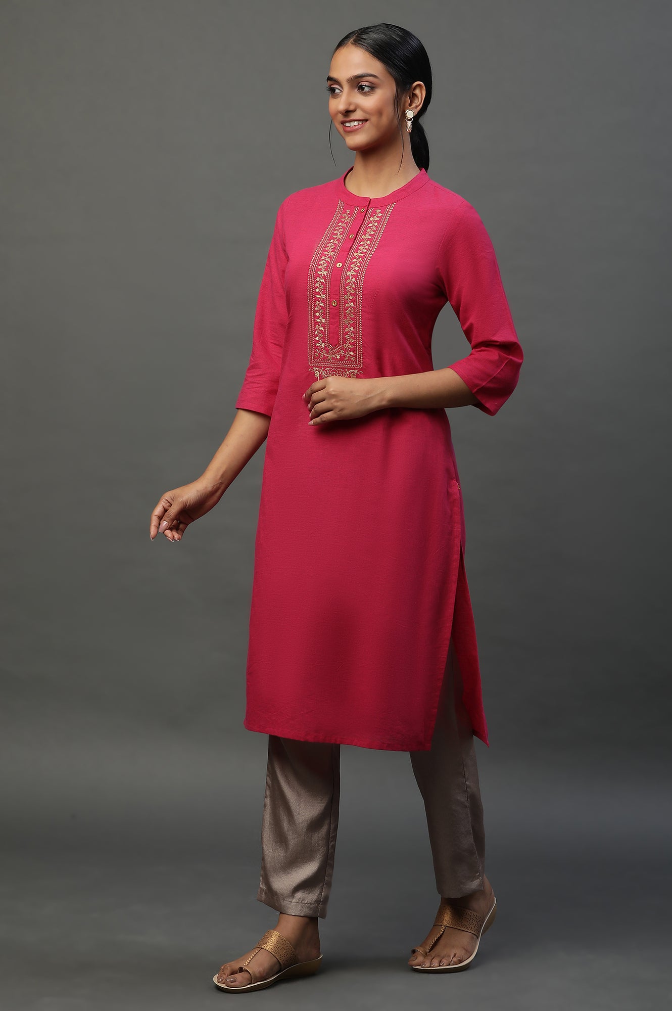 Pink Solid Cotton Kurta with Embellished Yoke