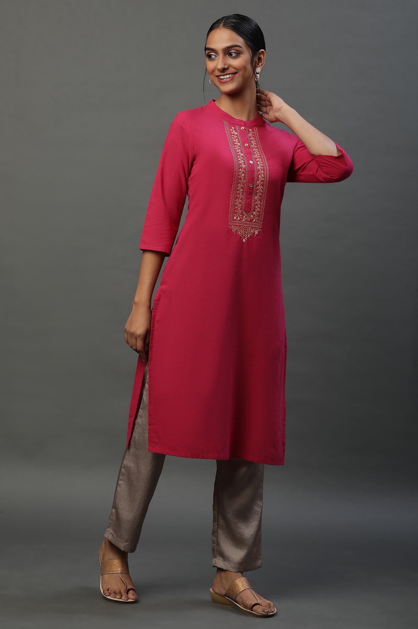 Pink Solid Cotton Kurta with Embellished Yoke