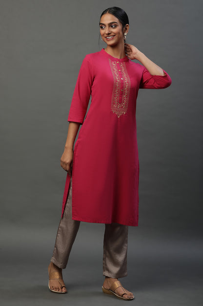 Pink Solid Cotton Kurta with Embellished Yoke