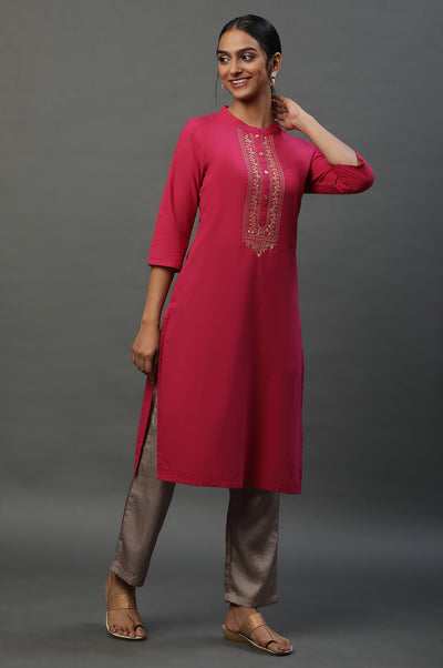 Pink Solid Cotton Kurta with Embellished Yoke