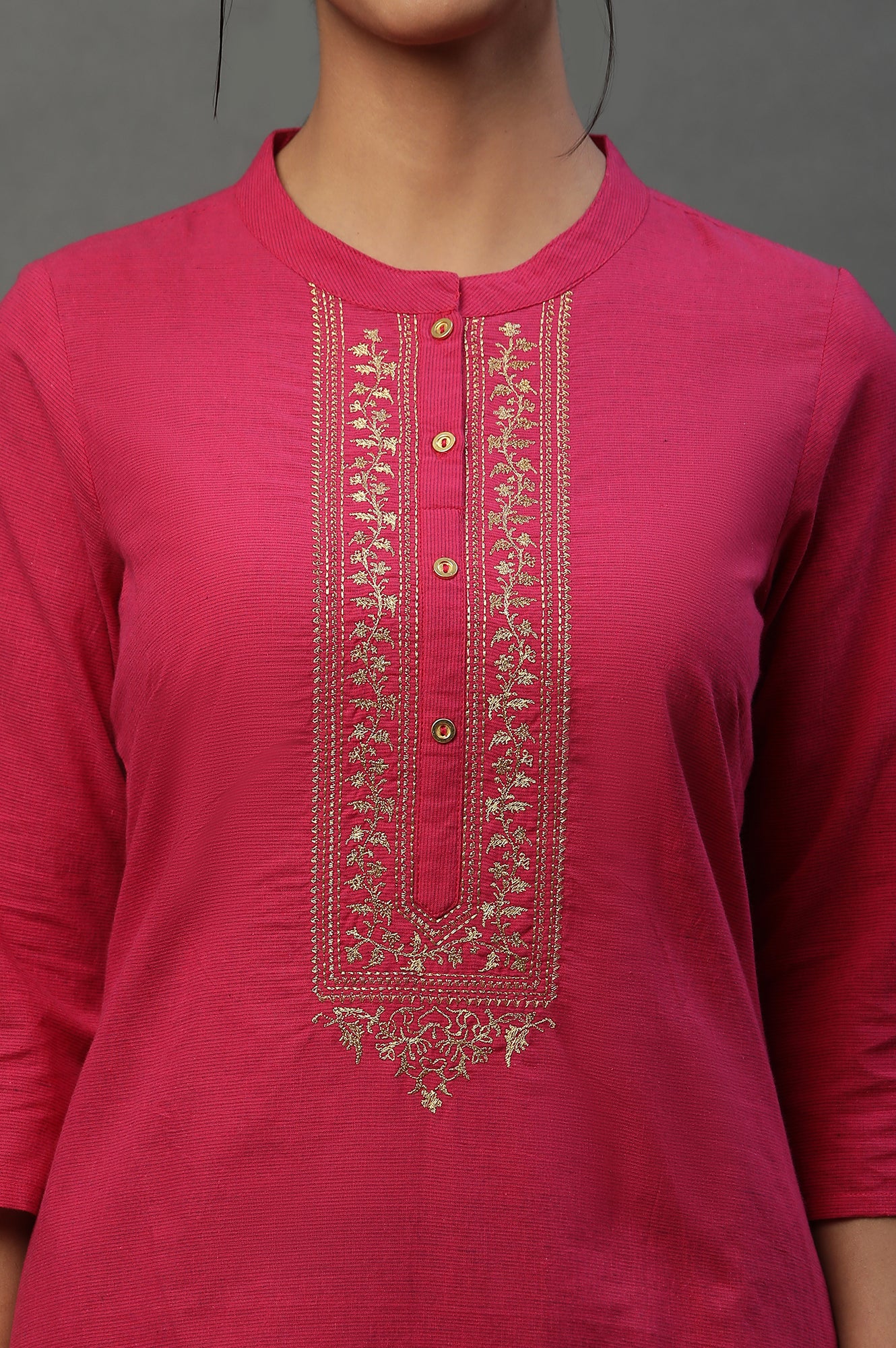 Pink Solid Cotton Kurta with Embellished Yoke