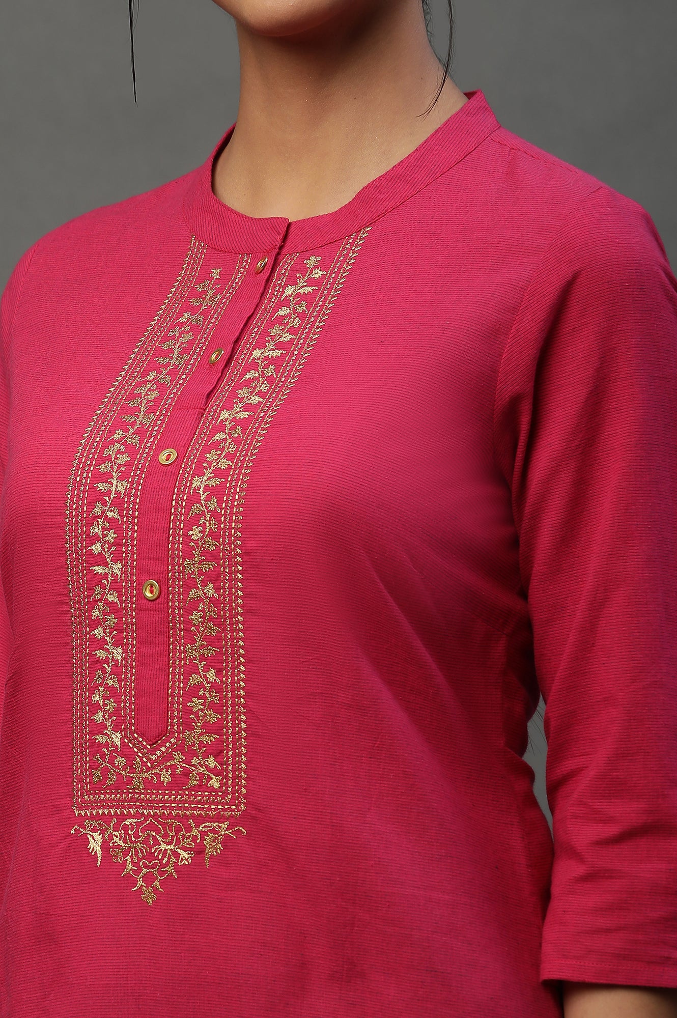 Pink Solid Cotton Kurta with Embellished Yoke