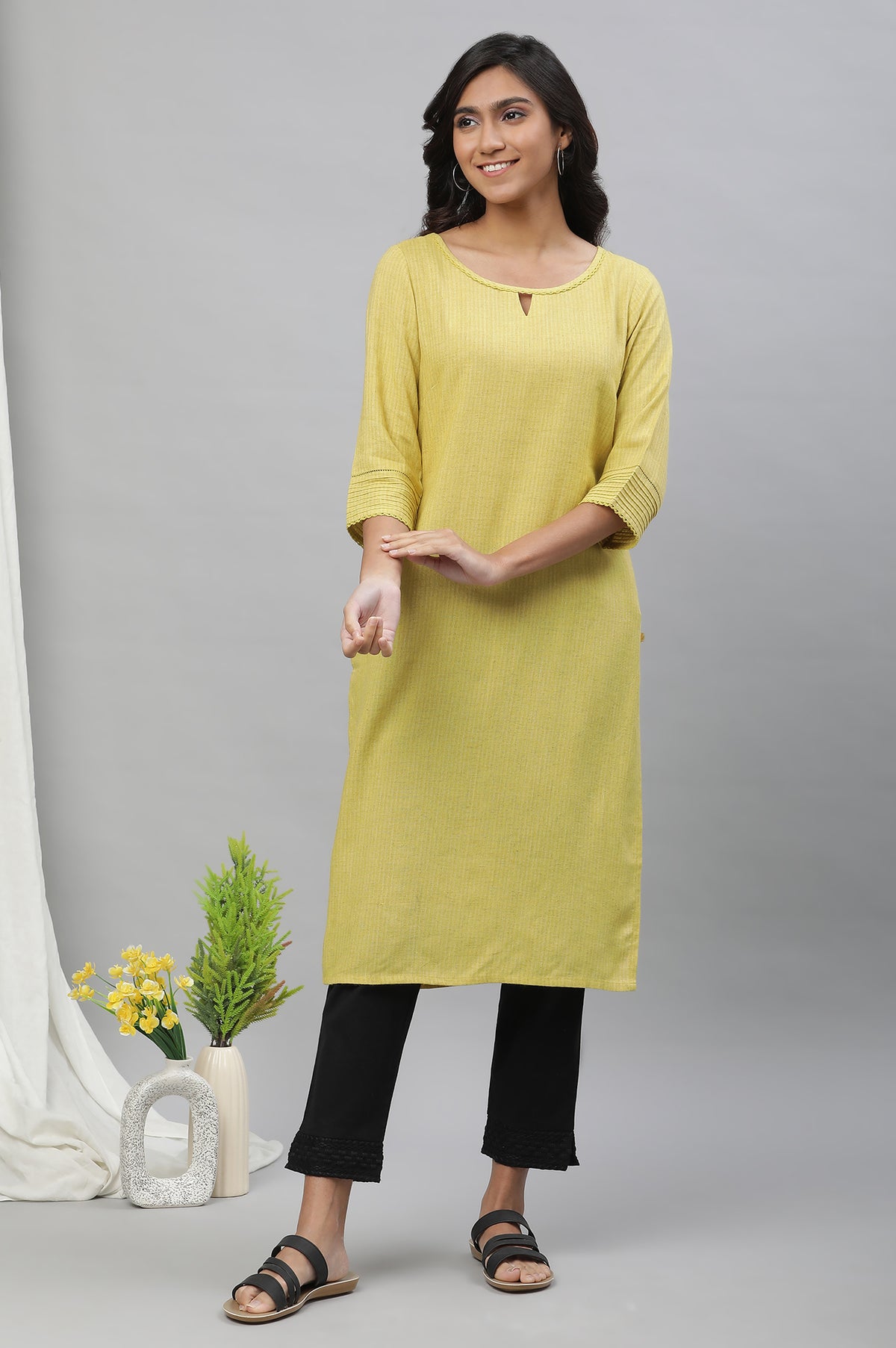 Yellow Yarn Dyed Straight Kurta - XS