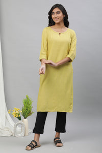 Yellow Solid Lace Trim Straight Rayon Kurta