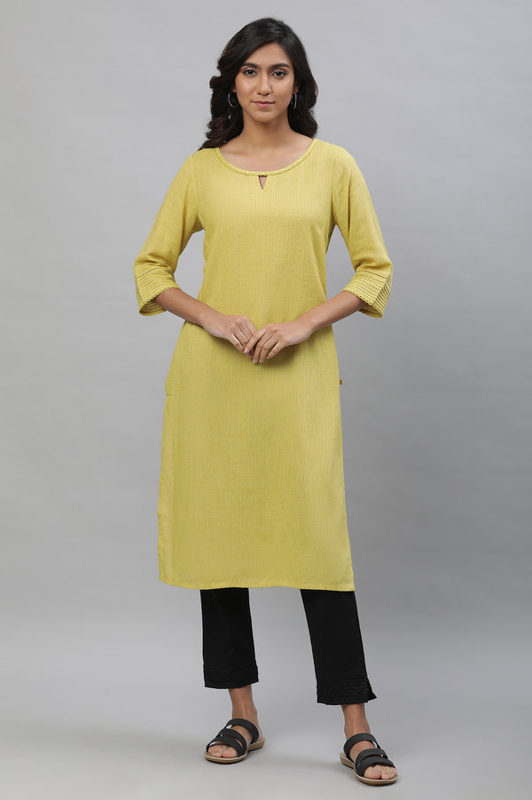 Yellow Solid Lace Trim Straight Rayon Kurta