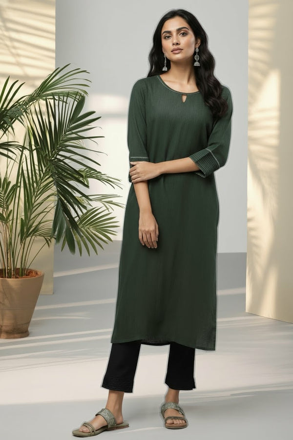 Green Yarn Dyed Straight Kurta with Lace