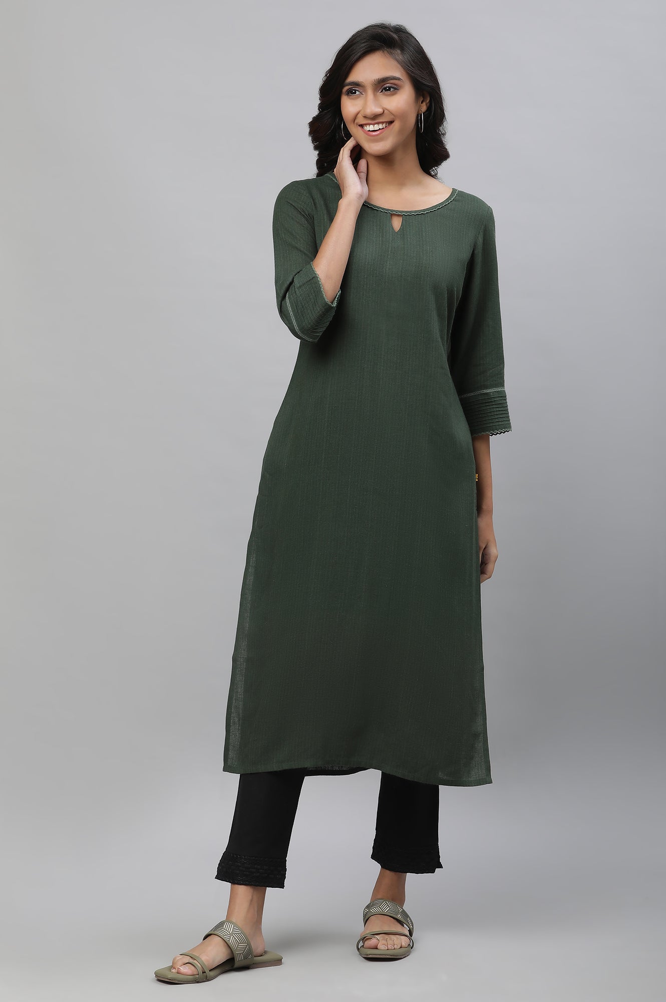 Green Yarn Dyed Straight Kurta