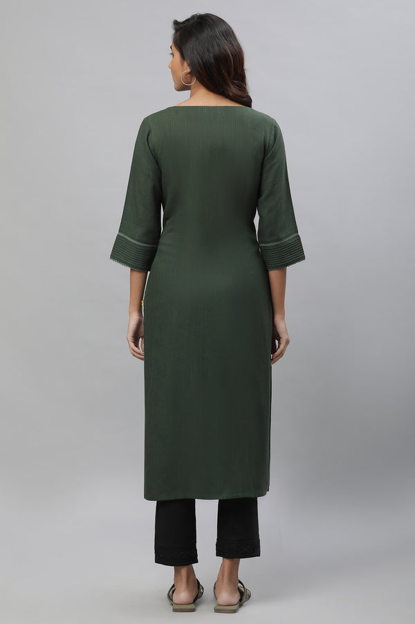 Green Yarn Dyed Straight Kurta with Lace