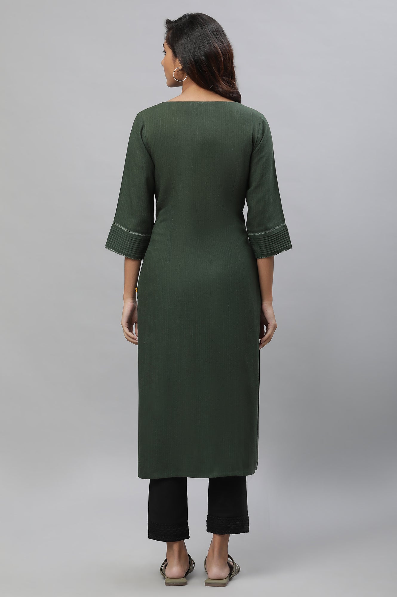 Green Solid Lace Trim Straight Rayon Kurta