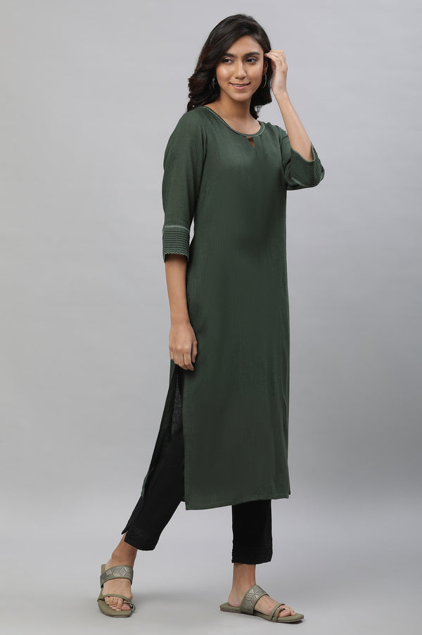 Green Yarn Dyed Straight Kurta with Lace
