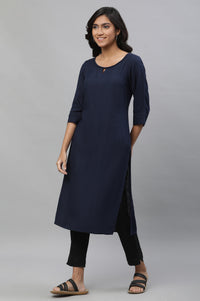 Navy Blue Solid Lace Trim Straight Rayon Kurta
